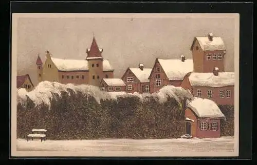 Steindruck-AK Landschaft mit Häusern im Winter