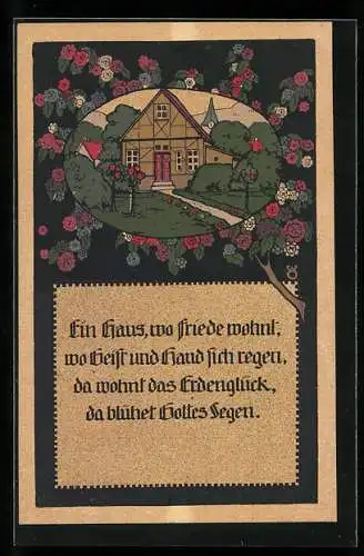 Steindruck-AK Haus mit Garten wird von Blüten eingerahmt, Gedicht Ein Haus, wo Friede wohnt...