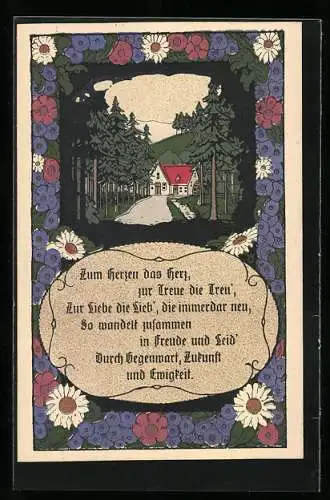 Steindruck-AK Zum Herzen das Herz..., Haus im Tannenwald, Gänseblumen