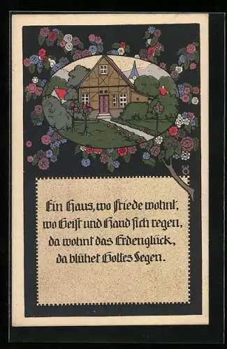 Steindruck-AK Haus mit Garten wird von Blüten eingerahmt, Gedicht Ein Haus, wo Friede wohnt...