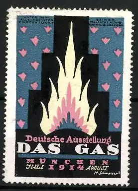 Künstler-Reklamemarke M. Schwarzer, München, Deutsche Ausstellung Das Gas 1914, lodernde Flamme