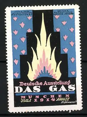 Künstler-Reklamemarke M. Schwarzer, München, Deutsche Ausstellung Das Gas 1914, lodernde Flamme