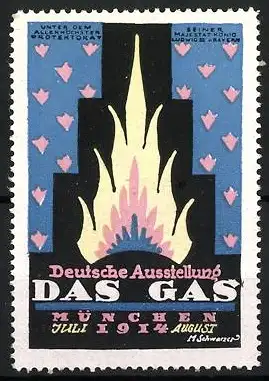 Künstler-Reklamemarke M. Schwarzer, München, Deutsche Ausstellung Das Gas 1914, lodernde Flamme