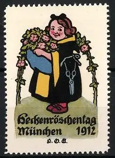 Künstler-Reklamemarke P. O. Engelhardt, München, Heckenröschentag 1912, Münchner Kindl mit Rosengirlande