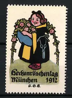 Künstler-Reklamemarke P. O. Engelhardt, München, Heckenröschentag 1912, Münchner Kindl mit Rosengirlande