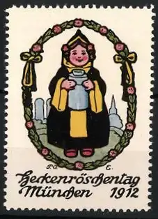Künstler-Reklamemarke P. O. Engelhardt, München, Heckenröschentag 1912, Münchner Kindl mit Rosengirlande