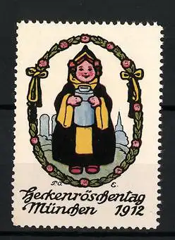 Künstler-Reklamemarke P. O. Engelhardt, München, Heckenröschentag 1912, Münchner Kindl mit Rosengirlande