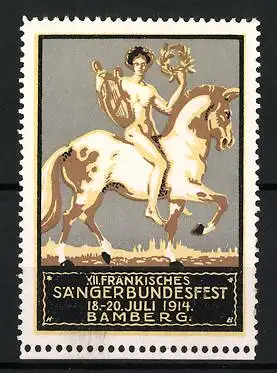 Reklamemarke Bamberg, XII. Fränkisches Sängerbundesfest 1914, nackter Sänger mit Lyra auf Pferd