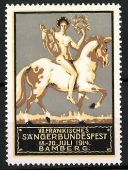 Reklamemarke Bamberg, XII. Fränkisches Sängerbundesfest 1914, nackter Sänger mit Lyra auf Pferd