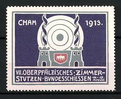 Reklamemarke Cham, VII. Oberpfälzisches Zimmerstutzen Bundesschiessen 1913, Zielscheibe und Türme