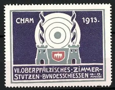 Reklamemarke Cham, VII. Oberpfälzisches Zimmerstutzen Bundesschiessen 1913, Zielscheibe und Türme