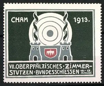 Reklamemarke Cham, VII. Oberpfälzisches Zimmerstutzen Bundesschiessen 1913, Zielscheibe und Türme
