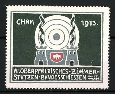 Reklamemarke Cham, VII. Oberpfälzisches Zimmerstutzen Bundesschiessen 1913, Zielscheibe und Türme