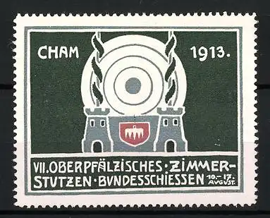 Reklamemarke Cham, VII. Oberpfälzisches Zimmerstutzen Bundesschiessen 1913, Zielscheibe und Türme