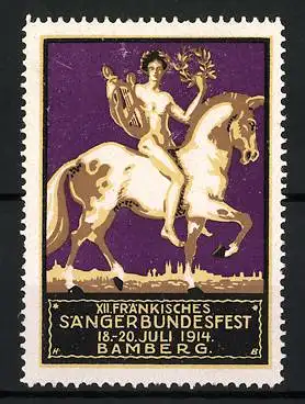 Reklamemarke Bamberg, XII. Fränkisches Sängerbundesfest 1914, nackter Sänger mit Lyra auf Pferd