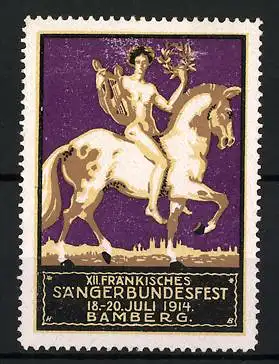 Reklamemarke Bamberg, XII. Fränkisches Sängerbundesfest 1914, nackter Sänger mit Lyra auf Pferd