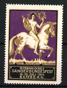 Reklamemarke Bamberg, XII. Fränkisches Sängerbundesfest 1914, nackter Sänger mit Lyra auf Pferd