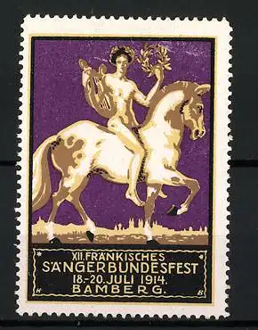 Reklamemarke Bamberg, XII. Fränkisches Sängerbundesfest 1914, nackter Sänger mit Lyra auf Pferd