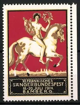 Reklamemarke Bamberg, XII. Fränkisches Sängerbundesfest 1914, nackter Sänger mit Lyra auf Pferd