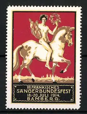 Reklamemarke Bamberg, XII. Fränkisches Sängerbundesfest 1914, nackter Sänger mit Lyra auf Pferd