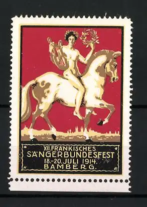 Reklamemarke Bamberg, XII. Fränkisches Sängerbundesfest 1914, nackter Sänger mit Lyra auf Pferd