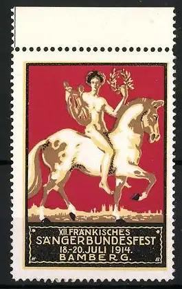 Reklamemarke Bamberg, XII. Fränkisches Sängerbundesfest 1914, nackter Sänger mit Lyra auf Pferd