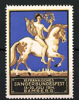 Reklamemarke Bamberg, XII. Fränkisches Sängerbundesfest 1914, nackter Sänger mit Lyra auf Pferd