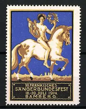 Reklamemarke Bamberg, XII. Fränkisches Sängerbundesfest 1914, nackter Sänger mit Lyra auf Pferd