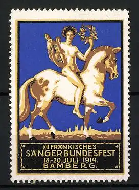 Reklamemarke Bamberg, XII. Fränkisches Sängerbundesfest 1914, nackter Sänger mit Lyra auf Pferd