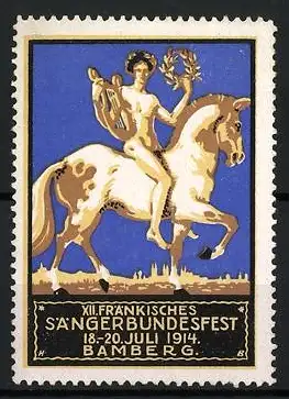 Reklamemarke Bamberg, XII. Fränkisches Sängerbundesfest 1914, nackter Sänger mit Lyra auf Pferd