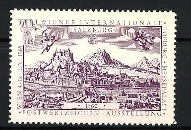 Reklamemarke Wien, internationale Postwertzeichen-Ausstellung 1965, Messelogo und Salzburg um 1760