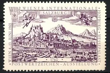 Reklamemarke Wien, internationale Postwertzeichen-Ausstellung 1965, Messelogo und Salzburg um 1760