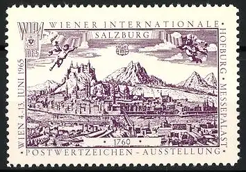 Reklamemarke Wien, internationale Postwertzeichen-Ausstellung 1965, Messelogo und Salzburg um 1760