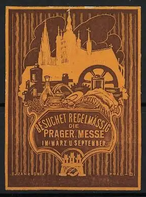 Präge-Reklamemarke Prag, Prager Messe, Stadtwappen, Kirche, verschiedene Waren