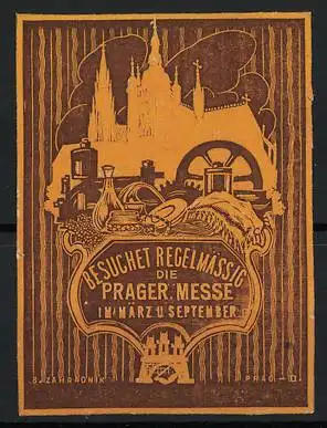 Präge-Reklamemarke Prag, Prager Messe, Stadtwappen, Kirche, verschiedene Waren