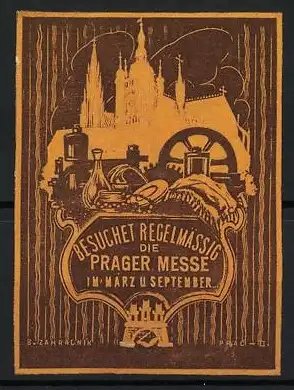 Präge-Reklamemarke Prag, Prager Messe, Stadtwappen, Kirche, verschiedene Waren