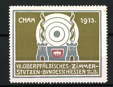 Reklamemarke Cham, VII. Oberpfälzisches Zimmerstutzen Bundesschiessen 1913, Zielscheibe und Türme