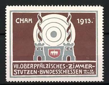 Reklamemarke Cham, VII. Oberpfälzisches Zimmerstutzen Bundesschiessen 1913, Zielscheibe und Türme