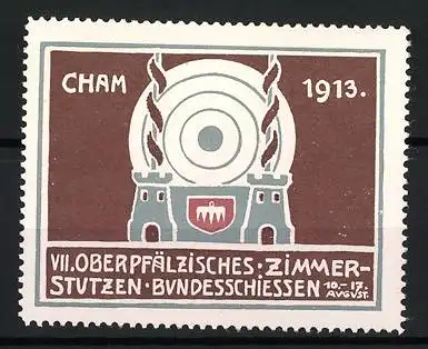 Reklamemarke Cham, VII. Oberpfälzisches Zimmerstutzen Bundesschiessen 1913, Zielscheibe und Türme