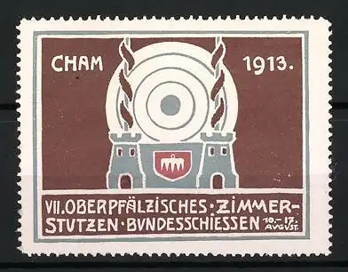 Reklamemarke Cham, VII. Oberpfälzisches Zimmerstutzen Bundesschiessen 1913, Zielscheibe und Türme