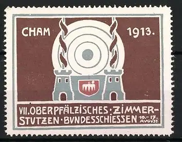 Reklamemarke Cham, VII. Oberpfälzisches Zimmerstutzen Bundesschiessen 1913, Zielscheibe und Türme