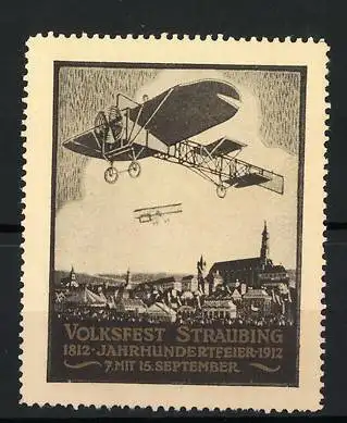 Reklamemarke Straubing, Volksfest & Jahrhundertfeier 1812-1912, Flugzeuge über der Stadt