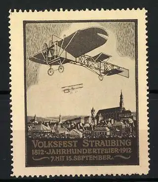 Reklamemarke Straubing, Volksfest & Jahrhundertfeier 1812-1912, Flugzeuge über der Stadt