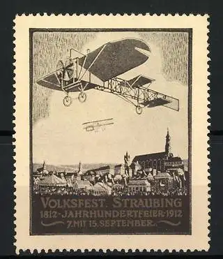 Reklamemarke Straubing, Volksfest & Jahrhundertfeier 1812-1912, Flugzeuge über der Stadt