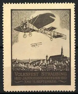 Reklamemarke Straubing, Volksfest & Jahrhundertfeier 1812-1912, Flugzeuge über der Stadt