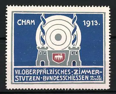 Reklamemarke Cham, VII. Oberpfälzisches Zimmerstutzen Bundesschiessen 1913, Zielscheibe und Türme