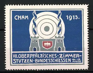 Reklamemarke Cham, VII. Oberpfälzisches Zimmerstutzen Bundesschiessen 1913, Zielscheibe und Türme