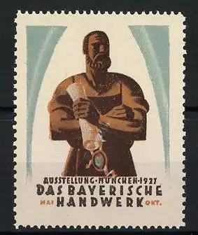 Reklamemarke München, Ausstellung Das bayerische Handwerk 1927, Schmied mit Schriftrolle