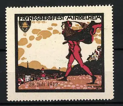 Künstler-Reklamemarke Max Beringer, Mindelheim, Frundsbergfest 1912, Wanderer am Ortsrand