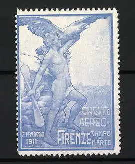 Reklamemarke Firenze, Circuito Aereo Campo di Marte 1911, nackter Mann mit Propeller und Adler